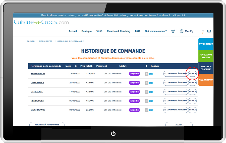 Détail d'une commande - Facture de votre achat sur Cuisine-a-crocs